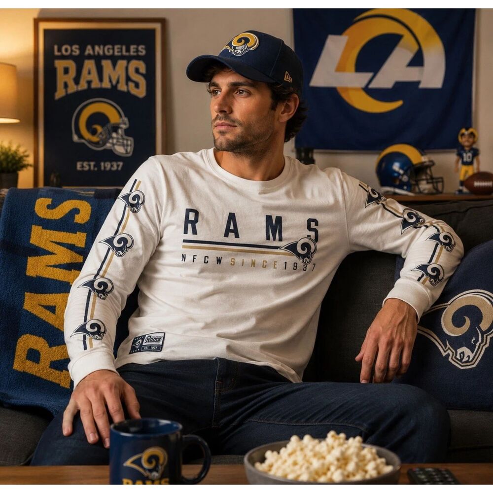 NFL Team Apparel Mens Shirt Medium M Double Side Rams Long Sleeve White Graphic